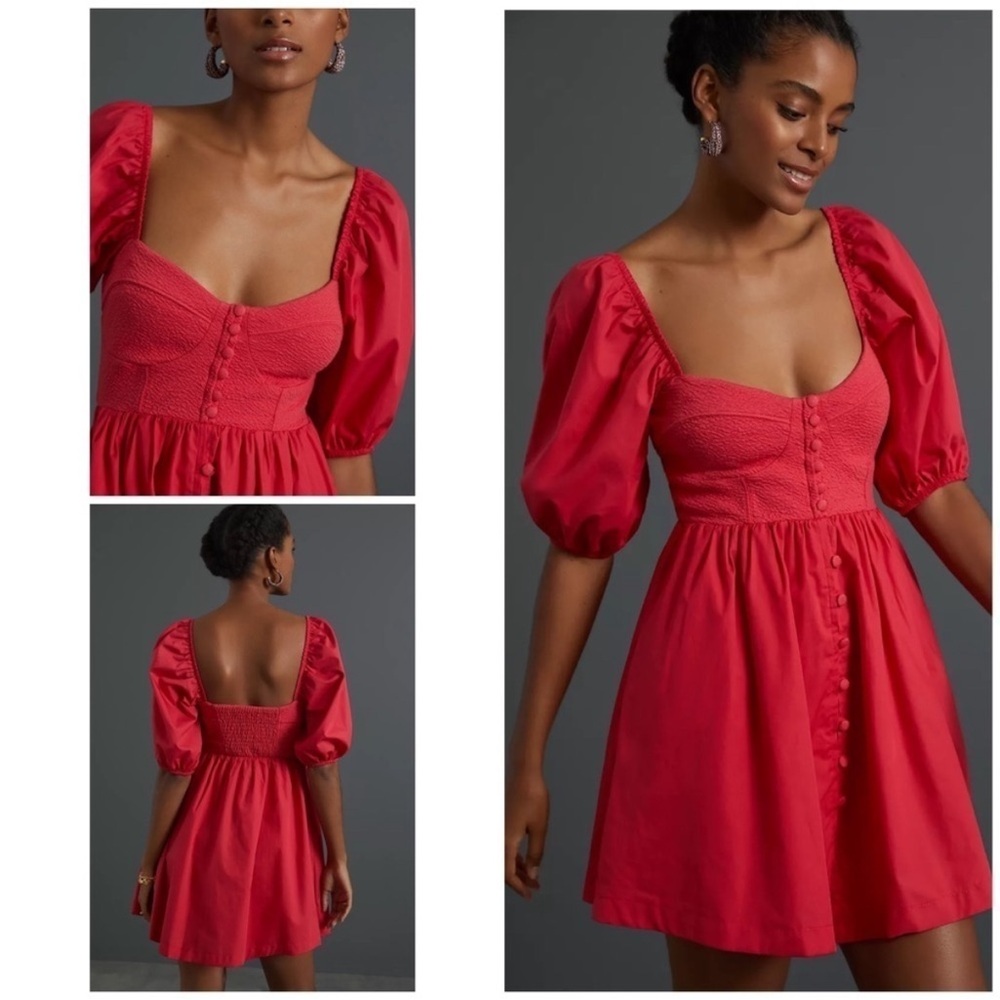 Anthropologie Red Puff Sleeve Mini Dress